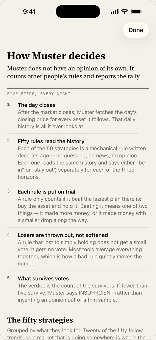 The Method screen, listing all fifty strategies grouped by family with plain-language explanations.
